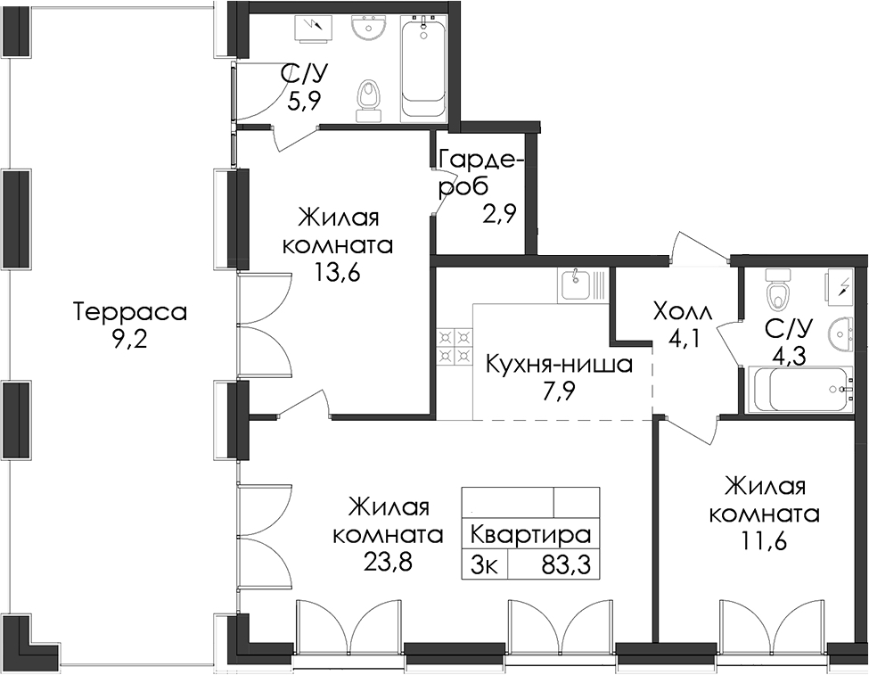 2-комнатная квартира 83.3 м², 7/7 эт., ЖК «Лермонтовский 54»